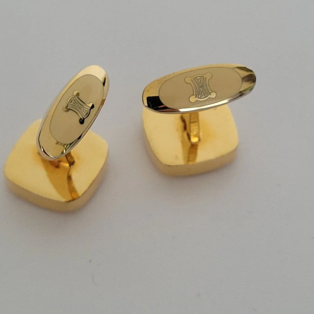 Celine Vintage Triomphe Mother of Pearl Gold Tone Square Cufflinks